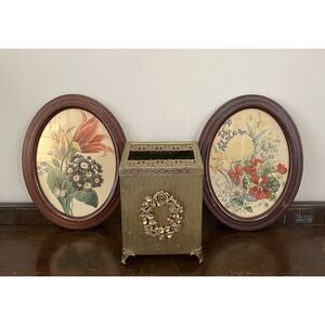 VTG Hollywood Regency Tissue Box & Pair Of  Floral Oval Wall Art Cottagecore Lot